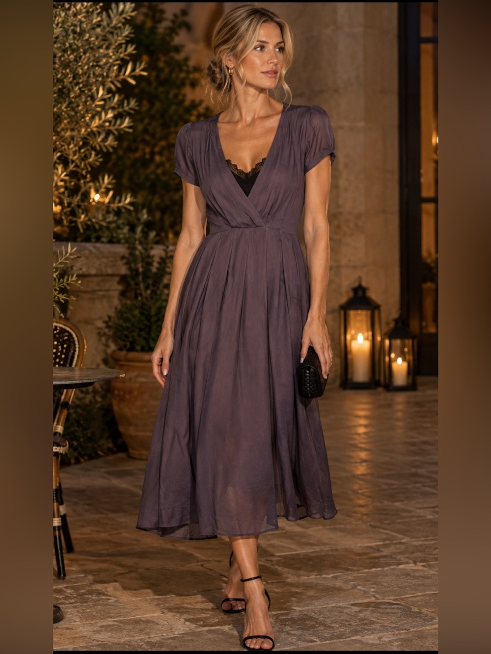 Banana Republic Silk Midi Dress Size 12 Plunging Neck Cap Sleeves No Lining